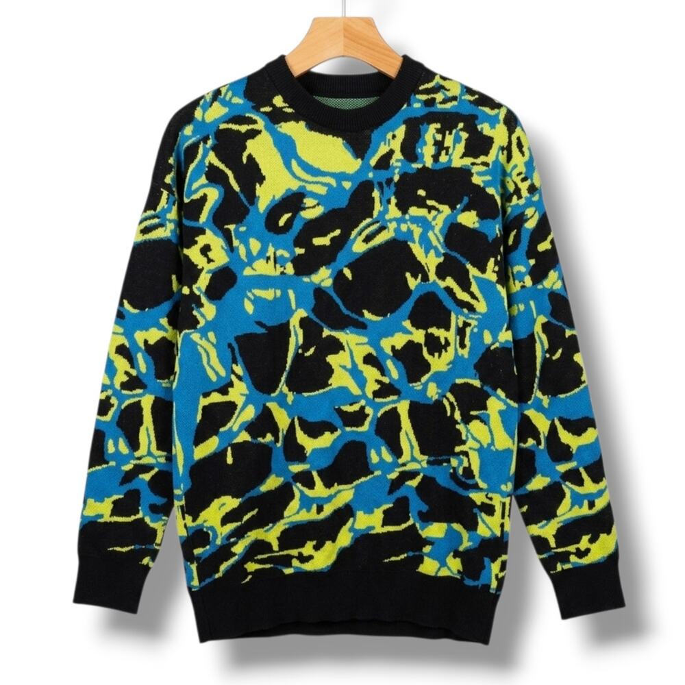 Zara Men's Abstract Camo Intarsia Knit Sweater Electric Blue Yellow Small